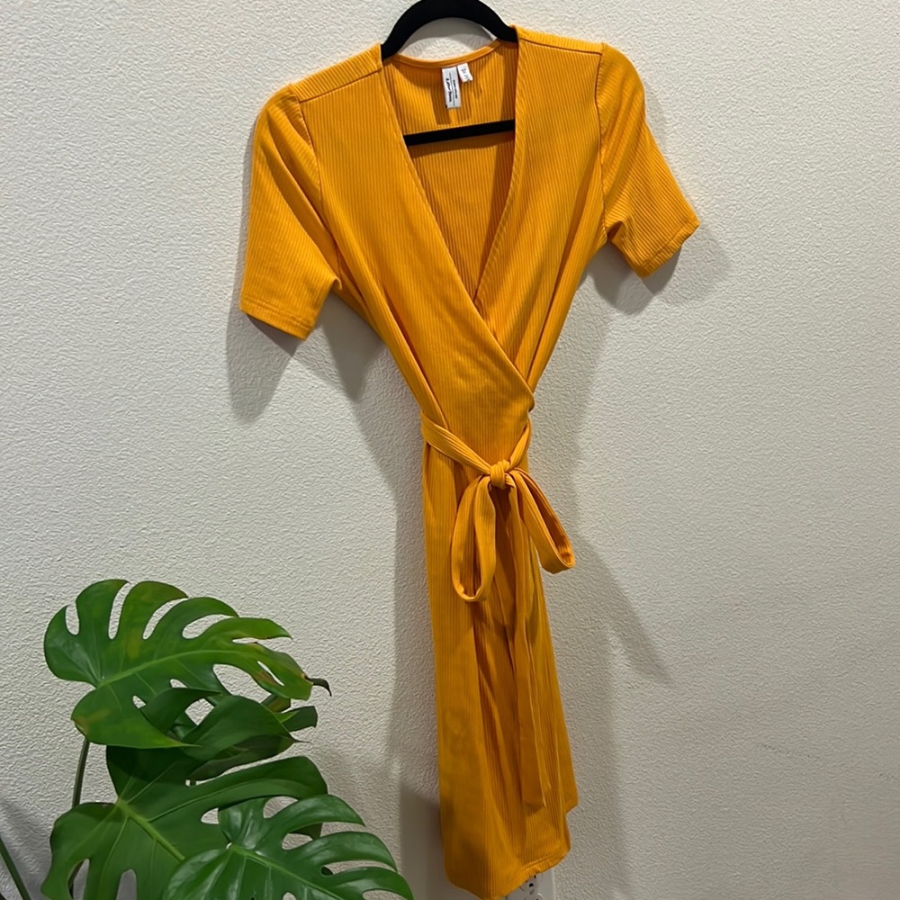 & Other Stories Ribbed Wrap Dress Mustard Yellow Size 4